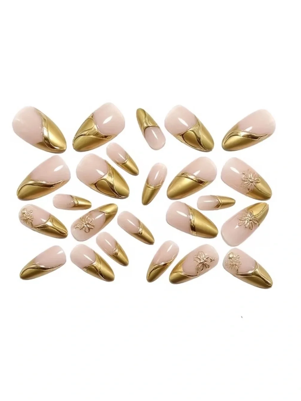 Gold Metallic Stiletto Press-On Nails with Floral Accents -new in box - Picture 3 of 6